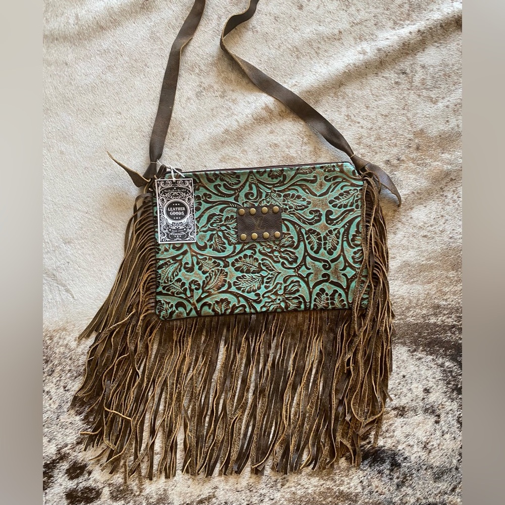 Repurposed Tooled Leather Fringe Crossbody Bag